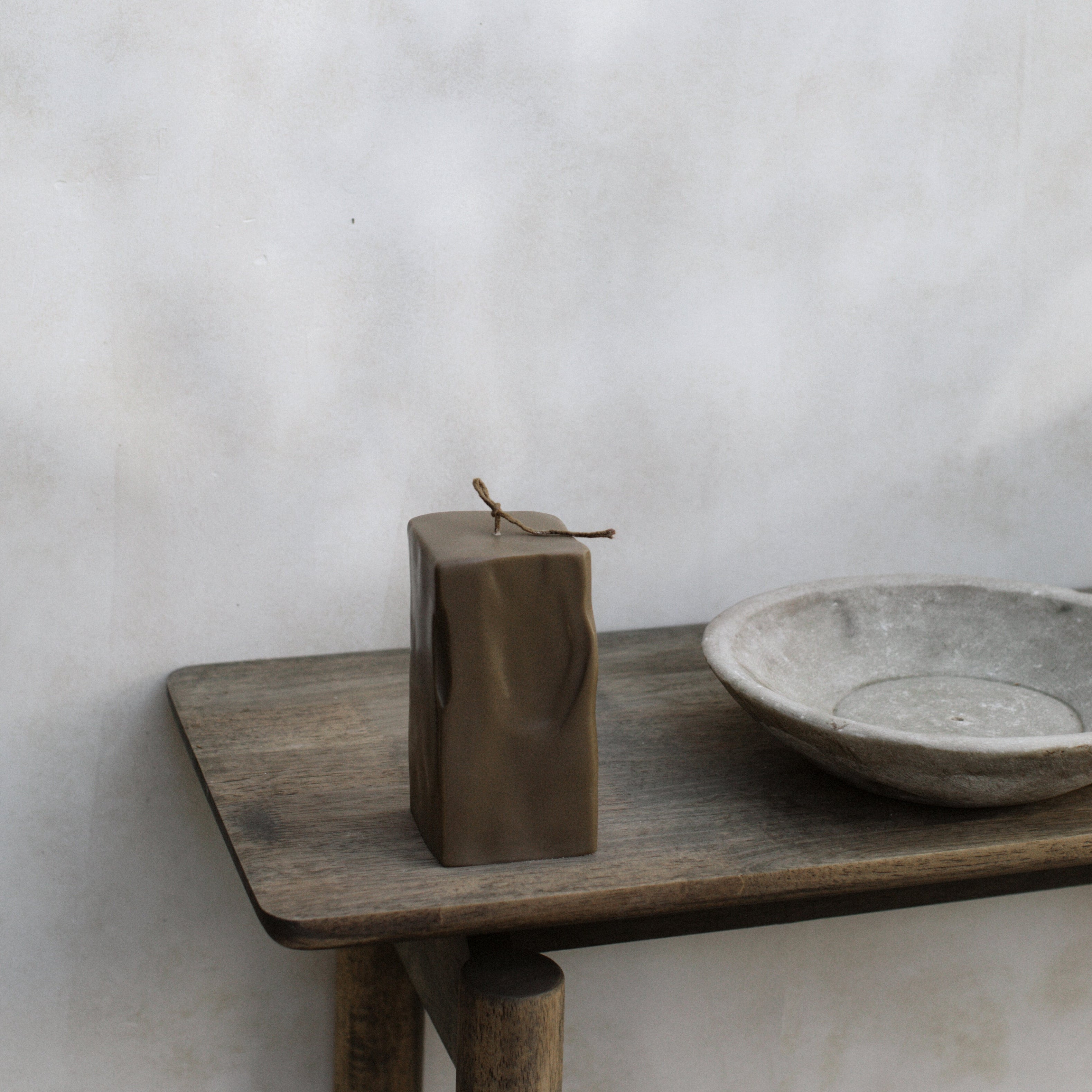 Bold large kobicha raw block pillar candle by LAWA with architectural design