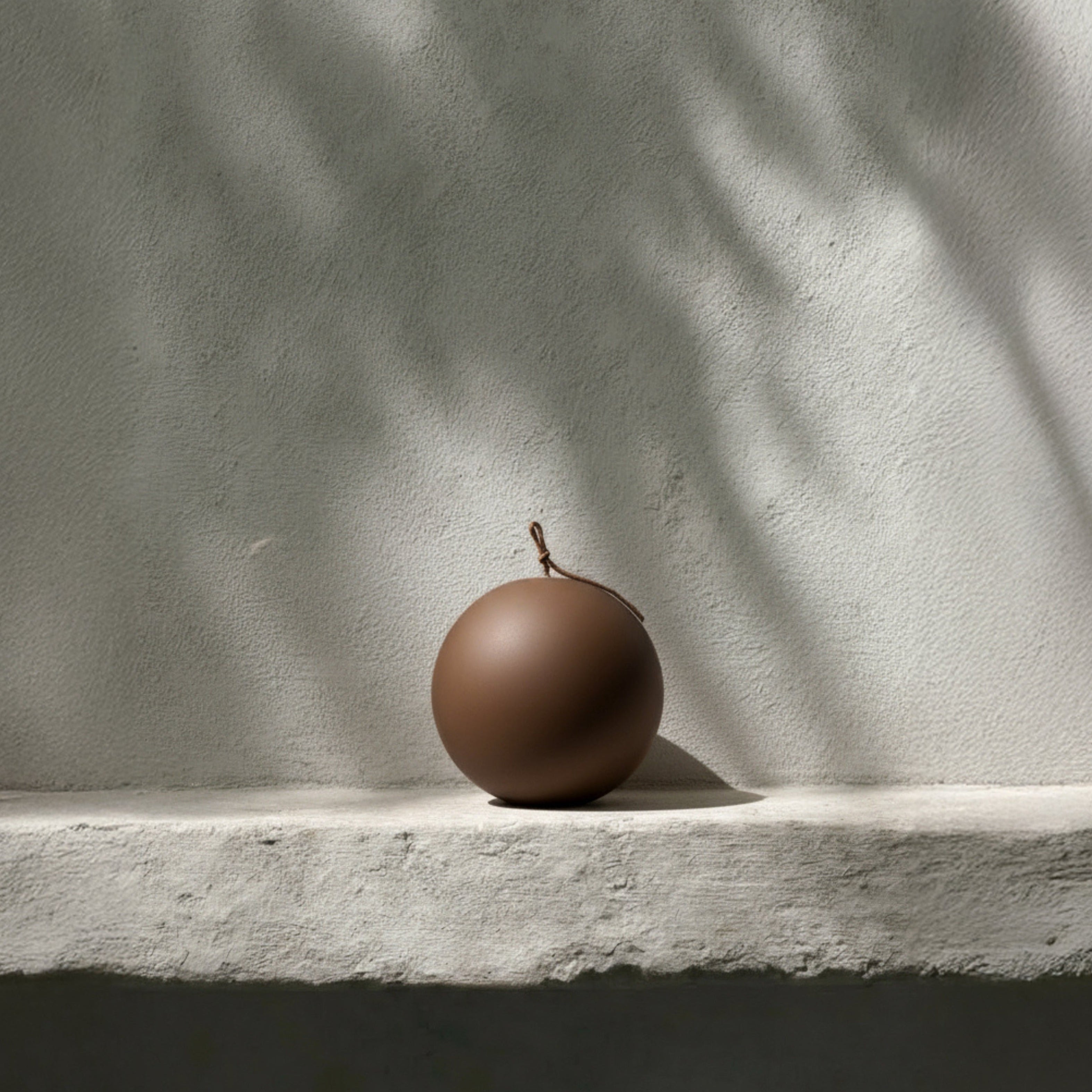 Handmade sphere sculptural candle detail showing smooth soy wax texture in minimalist Los Angeles home setting