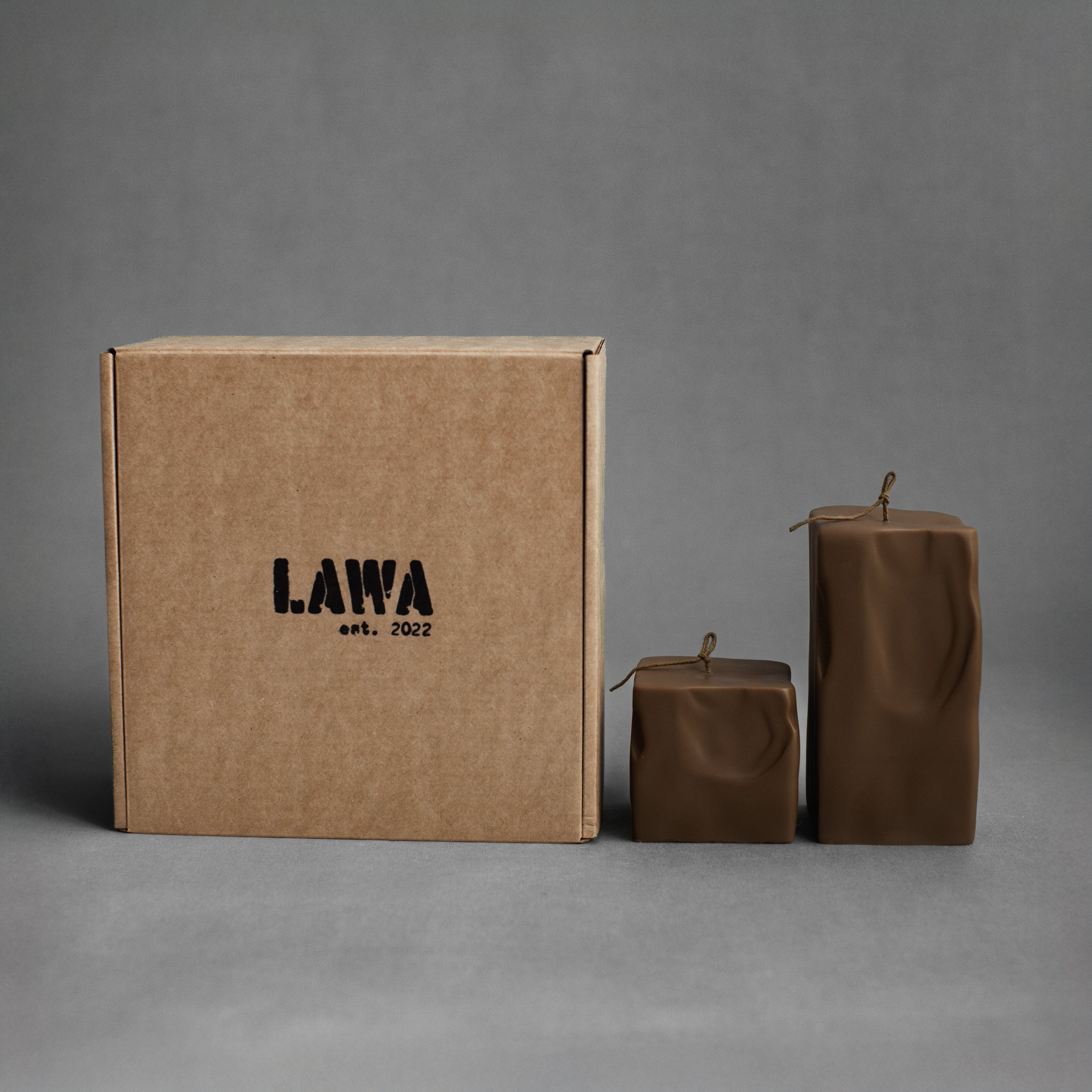 Kobicha brown raw block candle pillar set by LAWA, modern geometric soy wax decor pieces for contemporary styling with packaging box