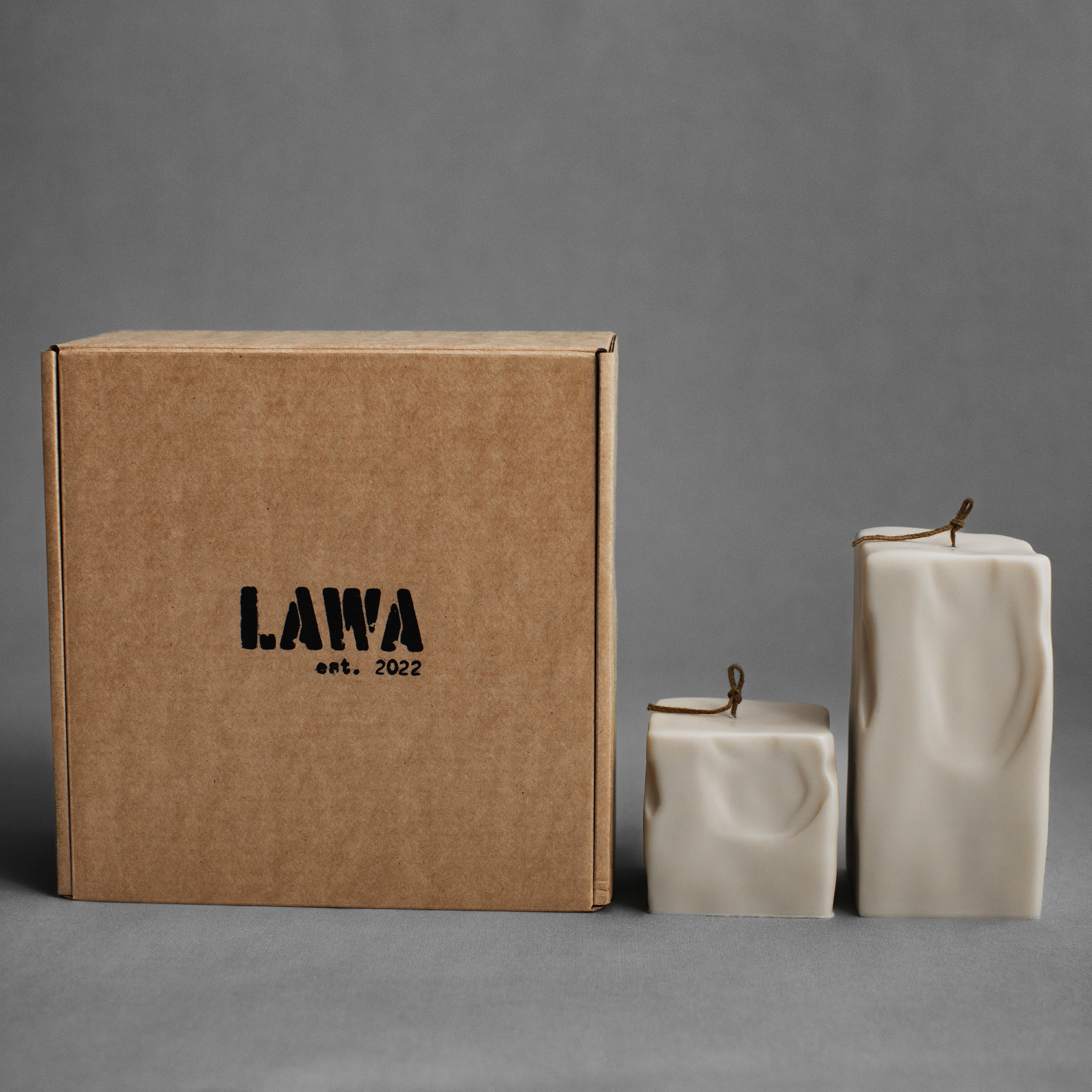 Light beige raw block candle set by LAWA featuring minimalist geometric shapes in natural soy wax pillar candles ideas for gifting