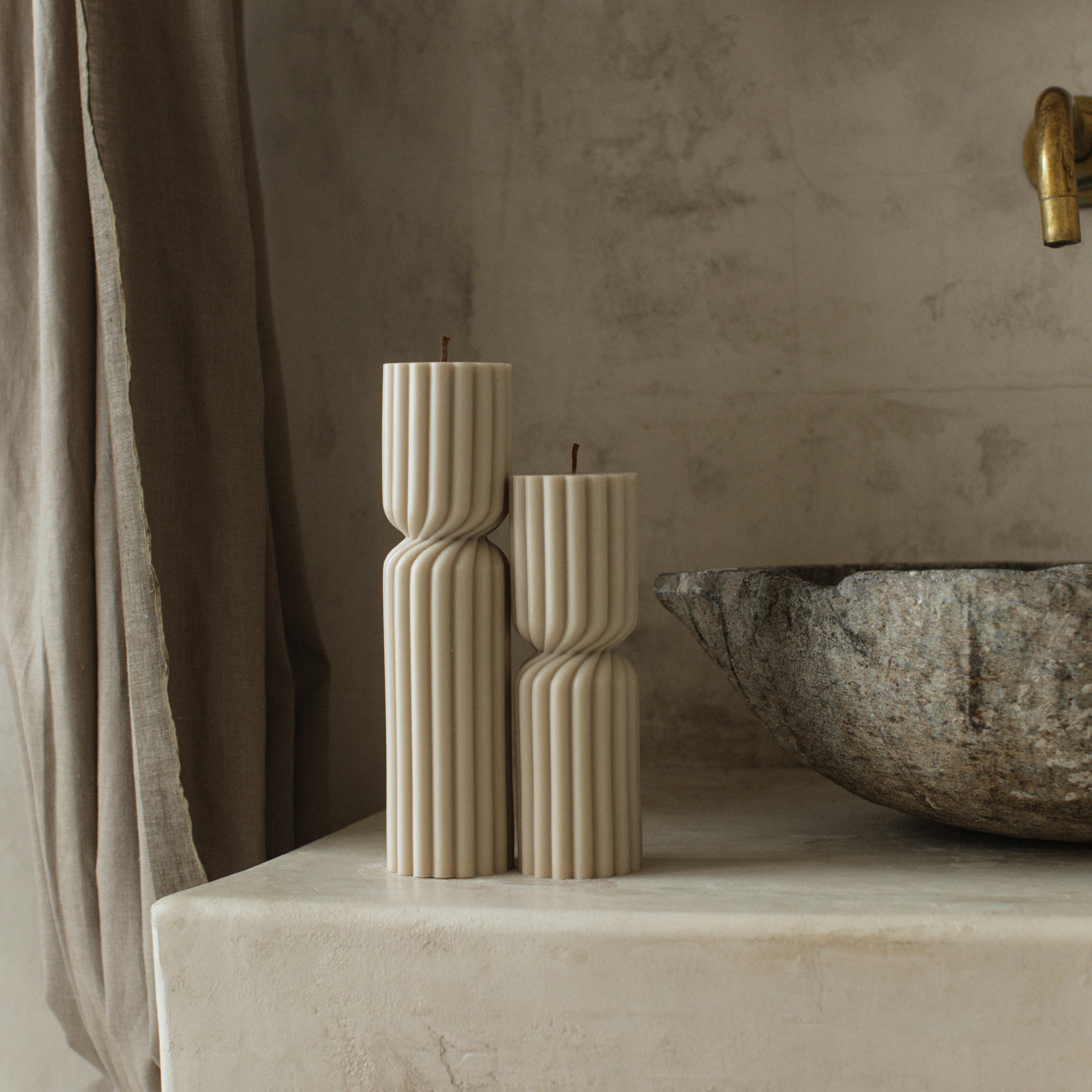 Close-up detail of handmade Spiral Spire sculptural candle showing textured ridges and premium soy wax finish