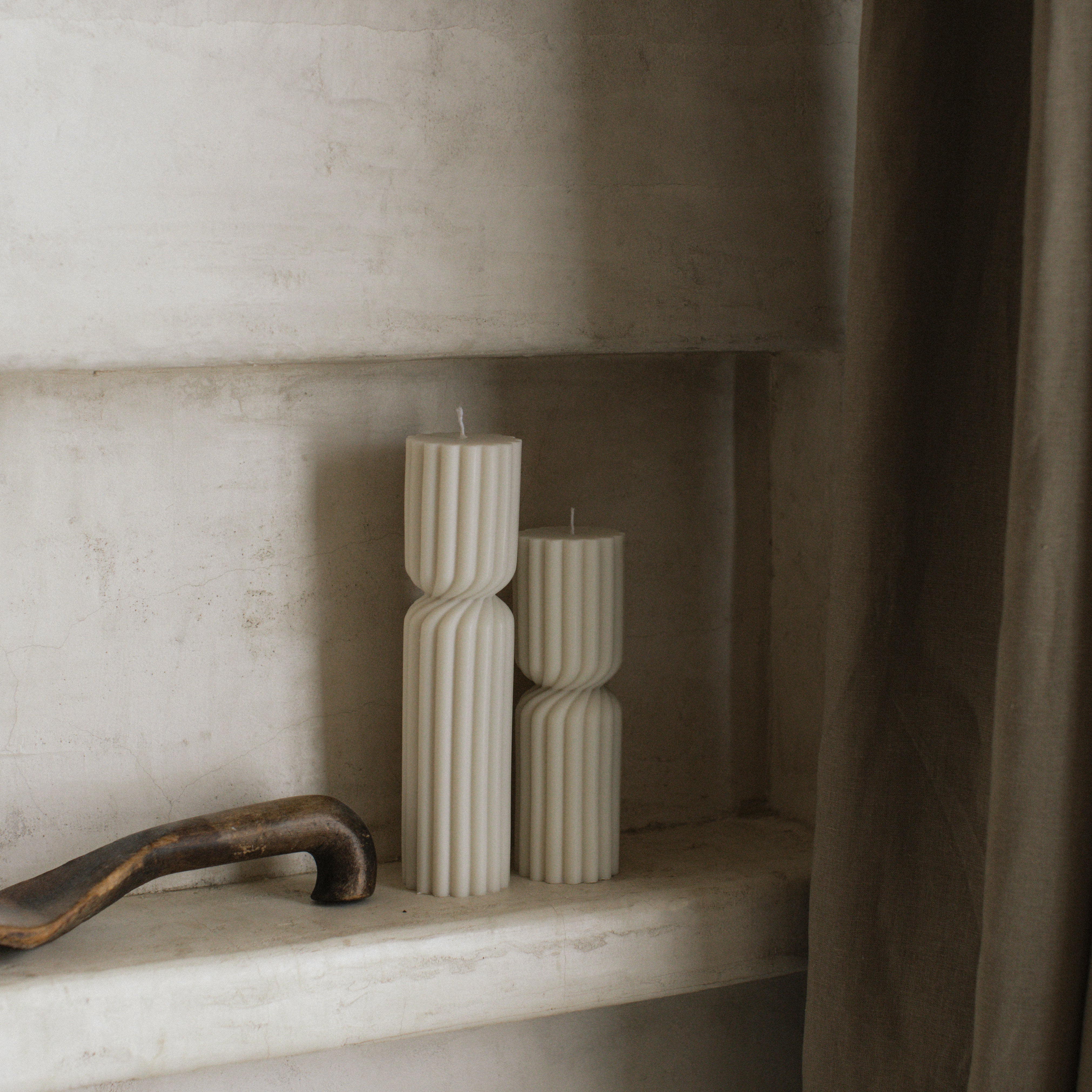 Close-up detail of handmade Spiral Spire sculptural candle showing premium soy wax texture and intricate spiral design