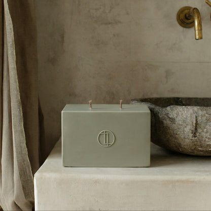 Detail of handmade Block Candle showing premium soy wax texture and cotton wick in Los Angeles studio setting