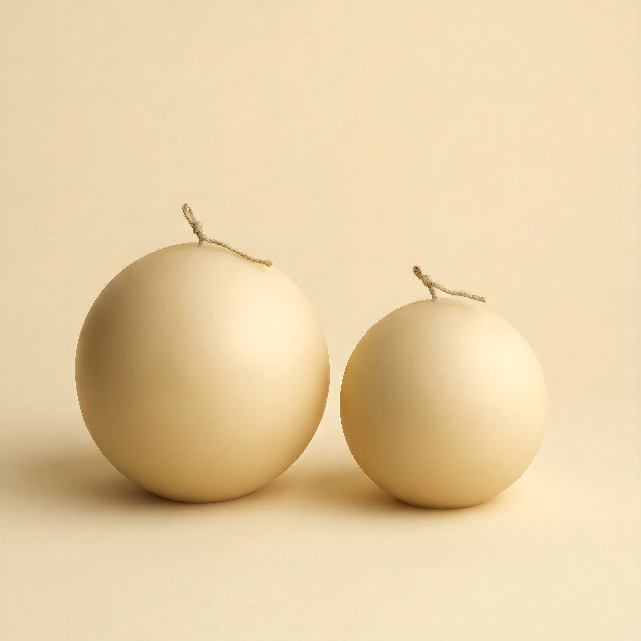 Handmade sphere sculptural candle detail showing smooth soy wax texture and cotton wick in minimalist setting