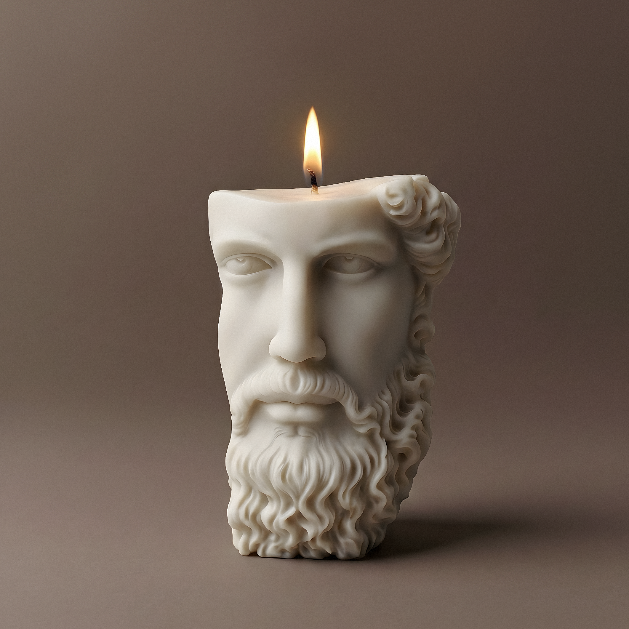 White sculptural candle shaped like a Greek face made from unscented soy wax, handmade in Los Angeles