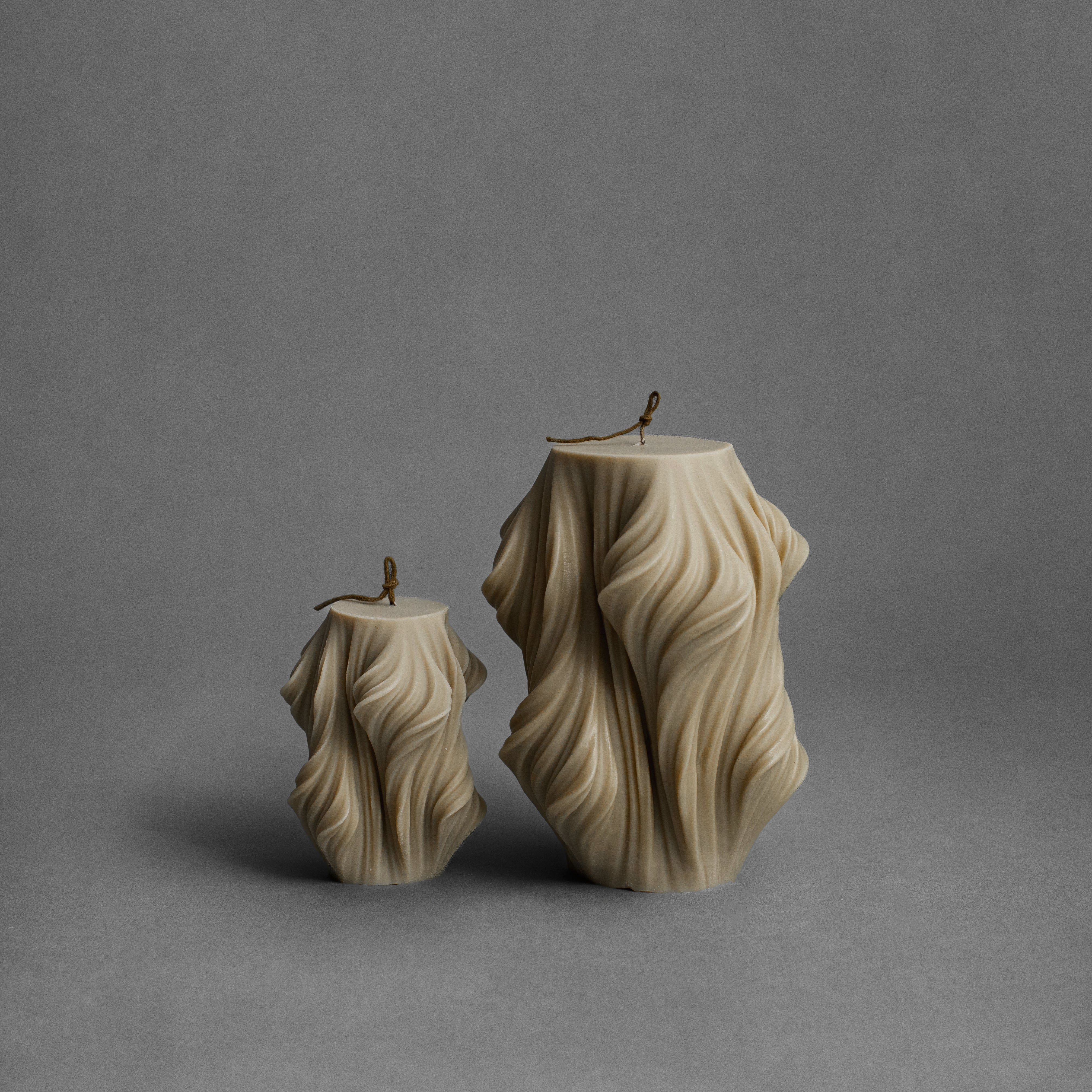 Olive beige cascading set of 2 pillar candles by LAWA with earthy layered shapes