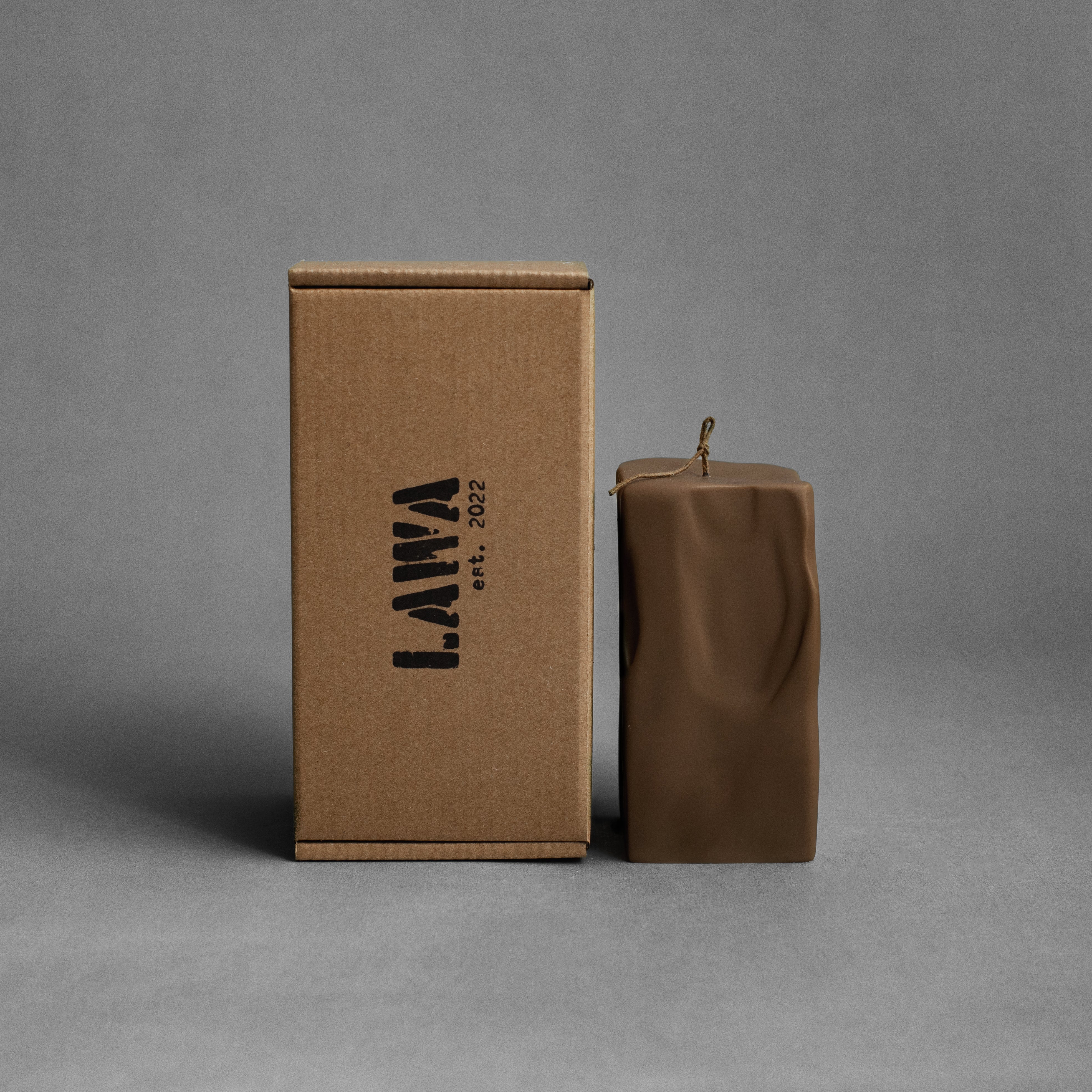 Large kobicha brown raw block soy wax pillar candle by LAWA featuring a bold natural  geometric silhouette