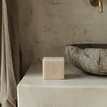 Handmade unscented Block Candle from Los Angeles showing geometric sculptural design in premium soy wax