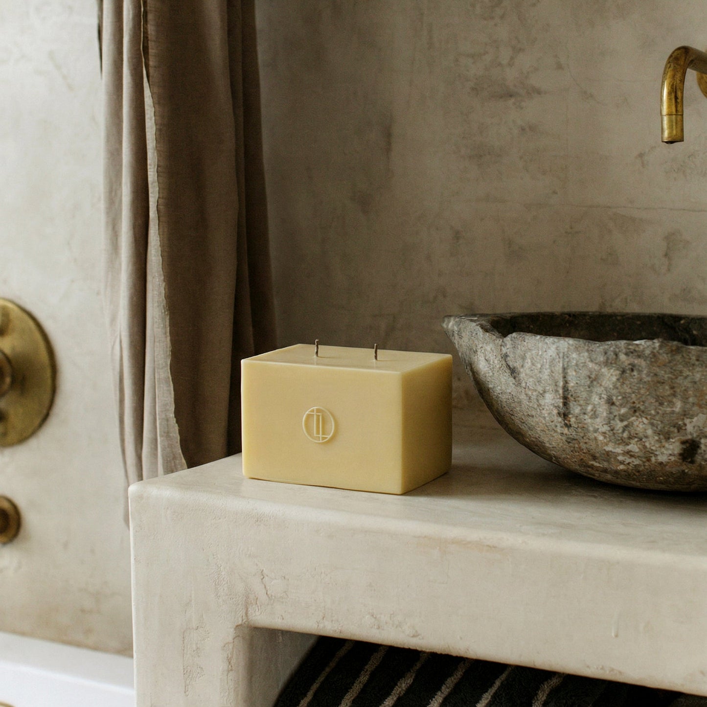 Close-up detail of handmade Block Candle showing premium soy wax texture and sculptural geometric design
