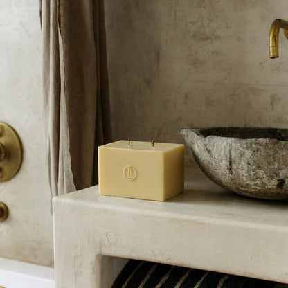 Close-up detail of handmade Block Candle showing premium soy wax texture and sculptural geometric design