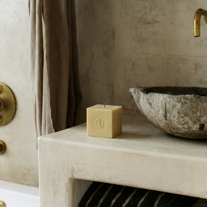 Handmade sculptural block candle detail showing premium soy wax texture and cotton wick from Los Angeles