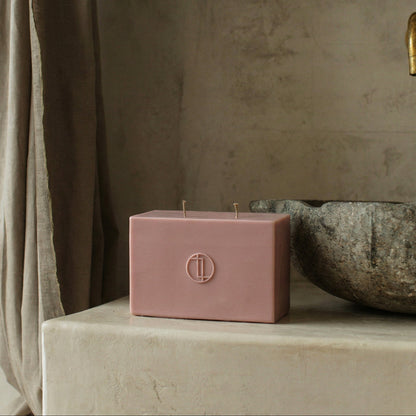 Close-up detail of handmade Block Candle showing premium soy wax texture and sculptural geometric form
