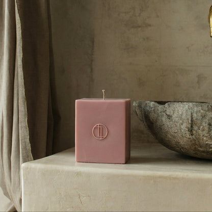 Close-up detail of handmade unscented Block Candle showing premium soy wax texture and cotton wick