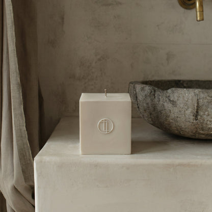 Handmade sculptural Block Candle detail showing premium soy wax texture and clean geometric edges