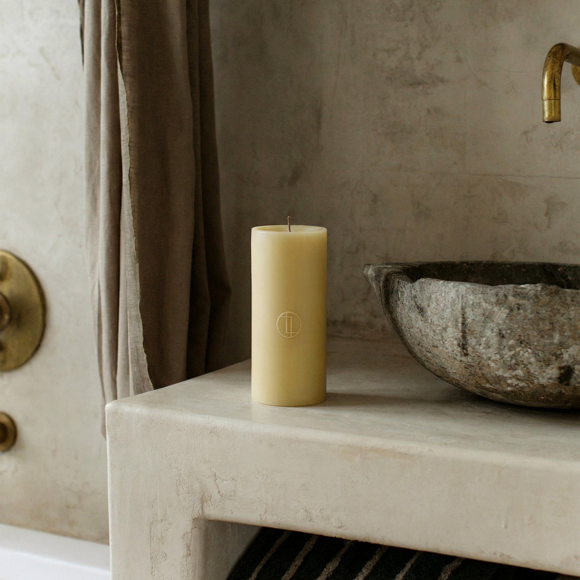 Detail of handmade unscented cylinder candle showing premium soy wax texture and cotton wick from Los Angeles
