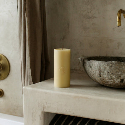 Detail of handmade unscented cylinder candle showing premium soy wax texture and cotton wick from Los Angeles