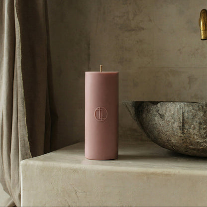 Close-up detail of handmade cylinder candle showing premium soy wax texture and cotton wick made in Los Angeles