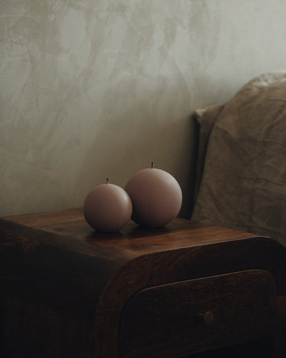 LAWA Candles Sphere Candle, set of 2, in Dusty Rose soy wax styled in a home decor setting, alternate angle