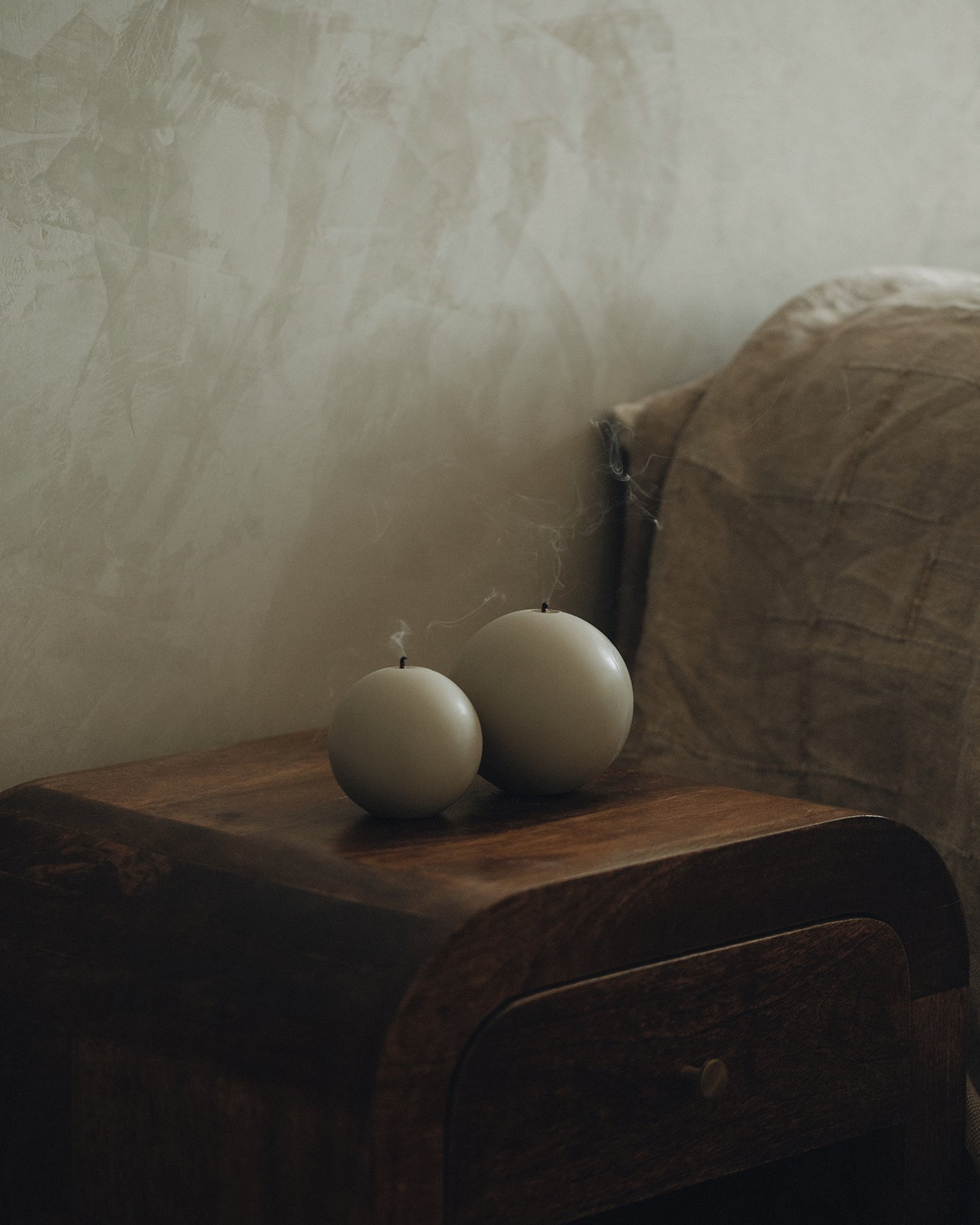 LAWA Candles Sphere Candle, set of 2, in Jade soy wax styled in a home decor setting, alternate angle