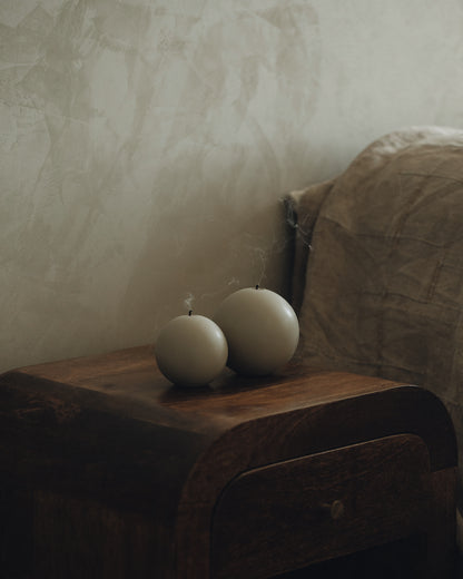 LAWA Candles Sphere Candle, set of 2, in Jade soy wax styled in a home decor setting, alternate angle