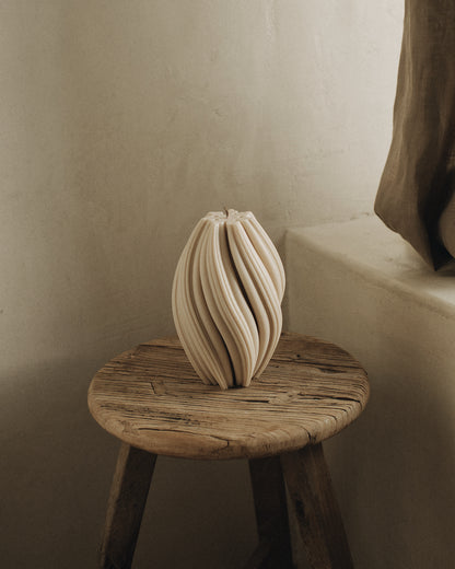 LAWA Candles Swirl Candle, large, in Moon Gray soy wax styled in a home decor setting