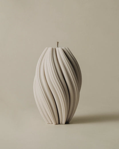 LAWA Candles Swirl Candle, large, in Moon Gray soy wax featuring spiraling twisted ridges, product photo on a plain background