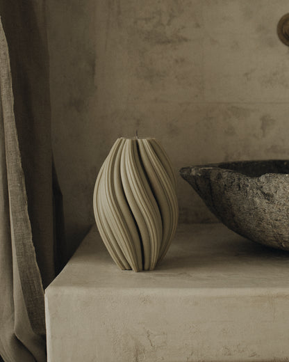 LAWA Candles Swirl Candle, large, in Olive Beige soy wax styled in a home decor setting, alternate angle