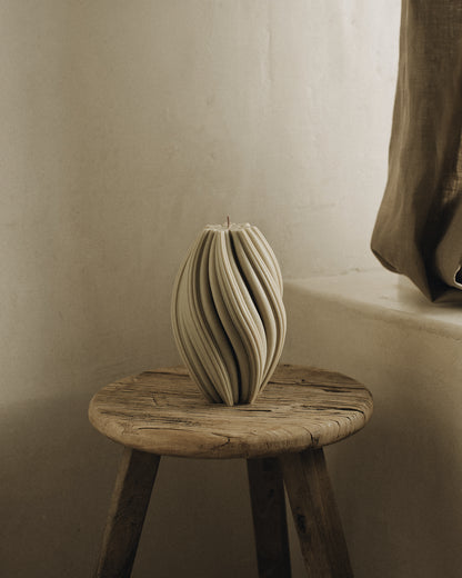 LAWA Candles Swirl Candle, large, in Olive Beige soy wax styled in a home decor setting