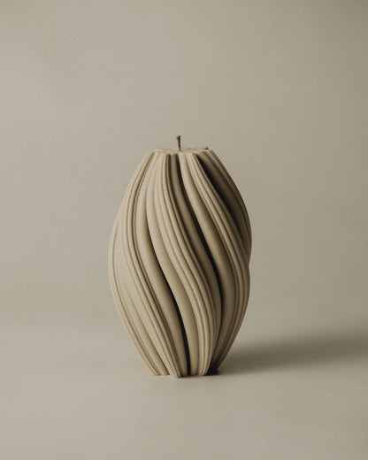 LAWA Candles Swirl Candle, large, in Olive Beige soy wax featuring spiraling twisted ridges, product photo on a plain background