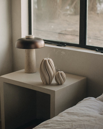 LAWA Candles Swirl Candle in Moon Gray soy wax, large and small sizes styled together in a home decor setting