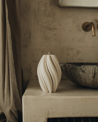 LAWA Candles Swirl Candle, large, in White soy wax styled in a home decor setting, alternate angle