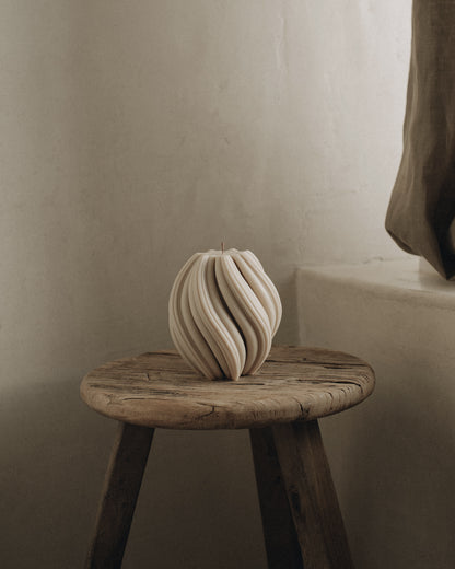 LAWA Candles Swirl Candle, medium, in Moon Gray soy wax styled in a home decor setting