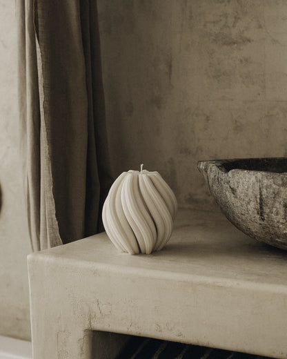 LAWA Candles Swirl Candle, medium, in White soy wax styled in a home decor setting, alternate angle