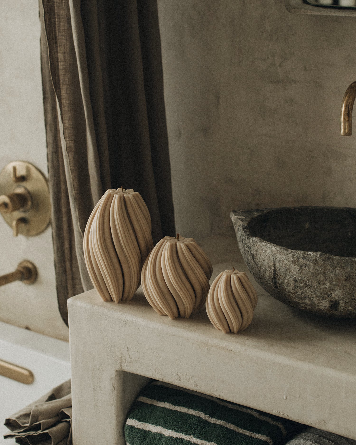 LAWA Candles Swirl Candle set of 3 in Sandstone soy wax styled in a home decor setting