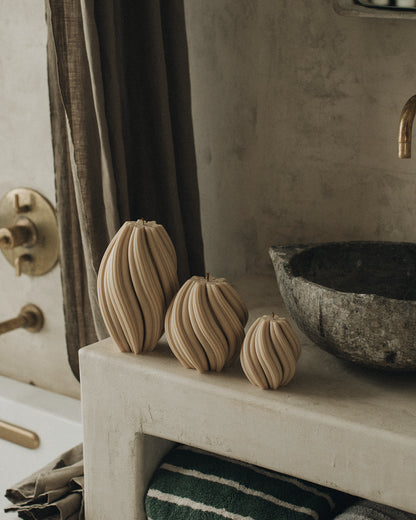 LAWA Candles Swirl Candle set of 3 in Sandstone soy wax styled in a home decor setting