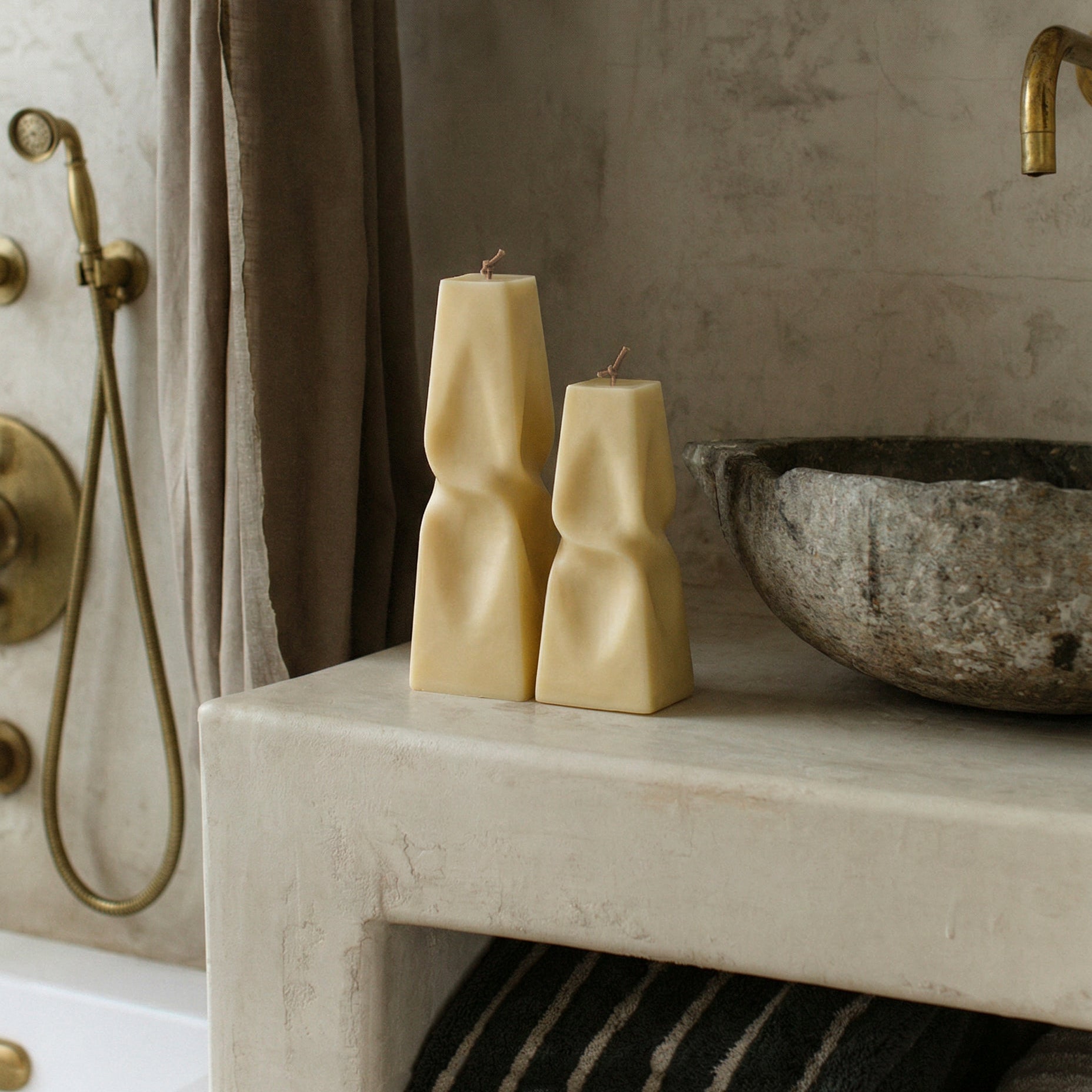 Detail of handmade sculptural candle showing twisted geometric form made from premium soy wax in Los Angeles