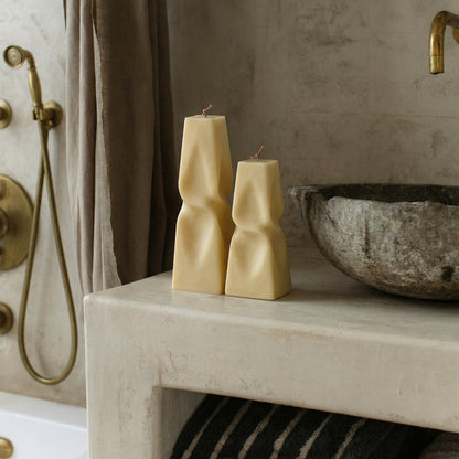 Detail of handmade sculptural candle showing twisted geometric form made from premium soy wax in Los Angeles