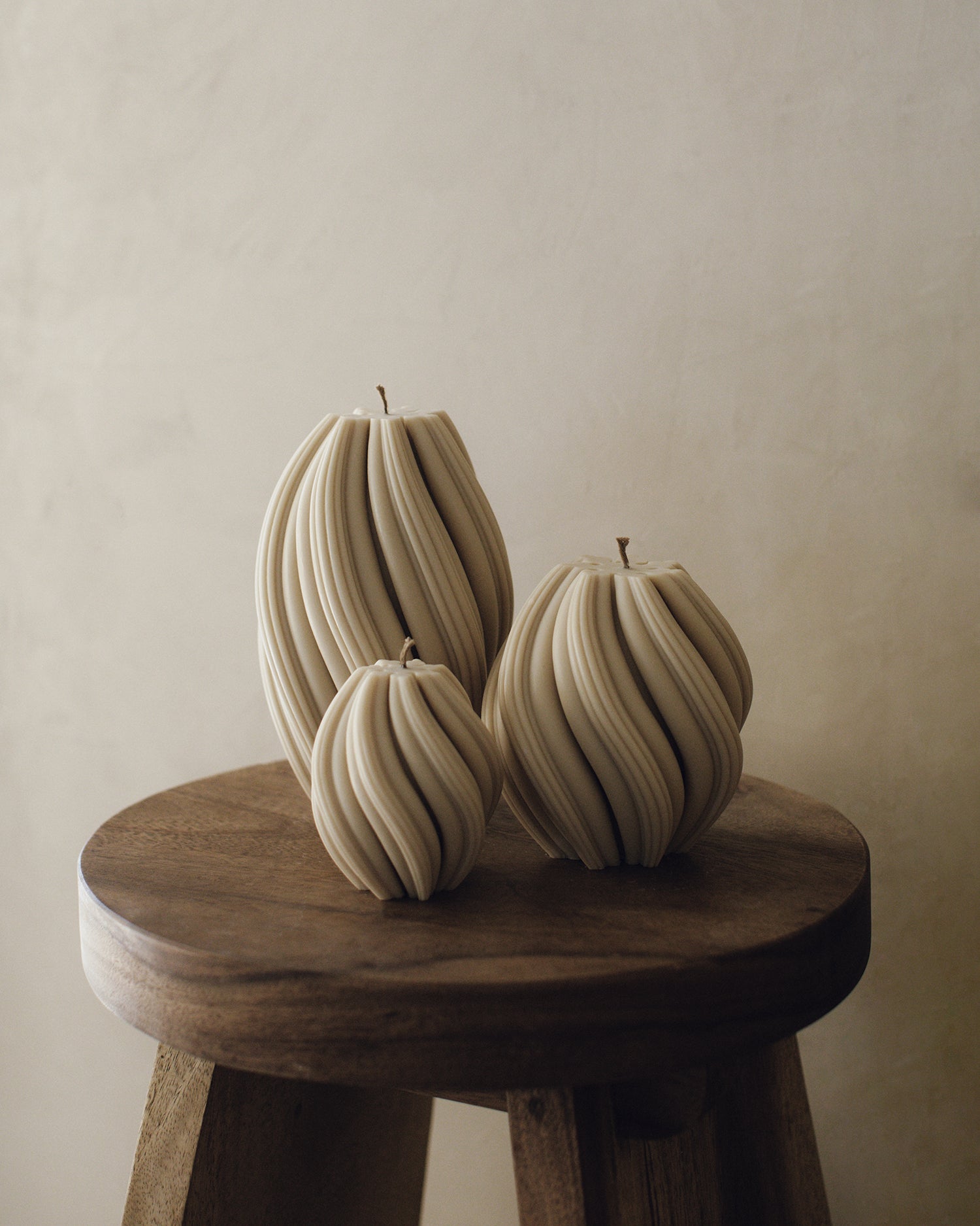 LAWA Candles Swirl Candle, set of 3, in Moon Gray soy wax styled in a home decor setting, alternate angle