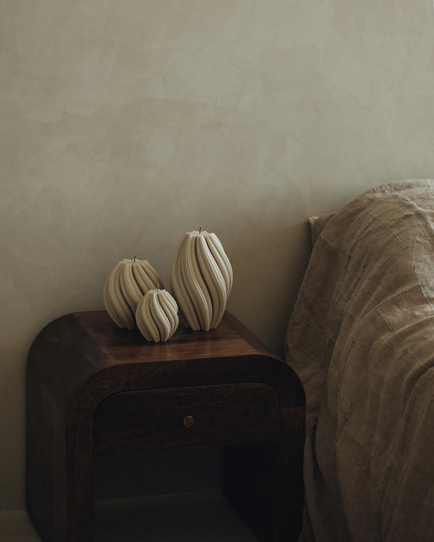 LAWA Candles Swirl Candle, set of 3, in Moon Gray soy wax styled in a home decor setting