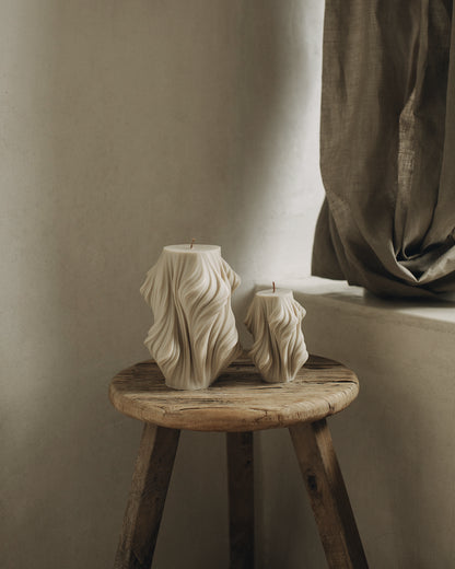 LAWA Candles Cascading Wave Candle, set of 2, in Moon Gray soy wax styled in a home decor setting