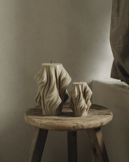 LAWA Candles Cascading Wave Candle, set of 2, in Olive Beige soy wax styled in a home decor setting