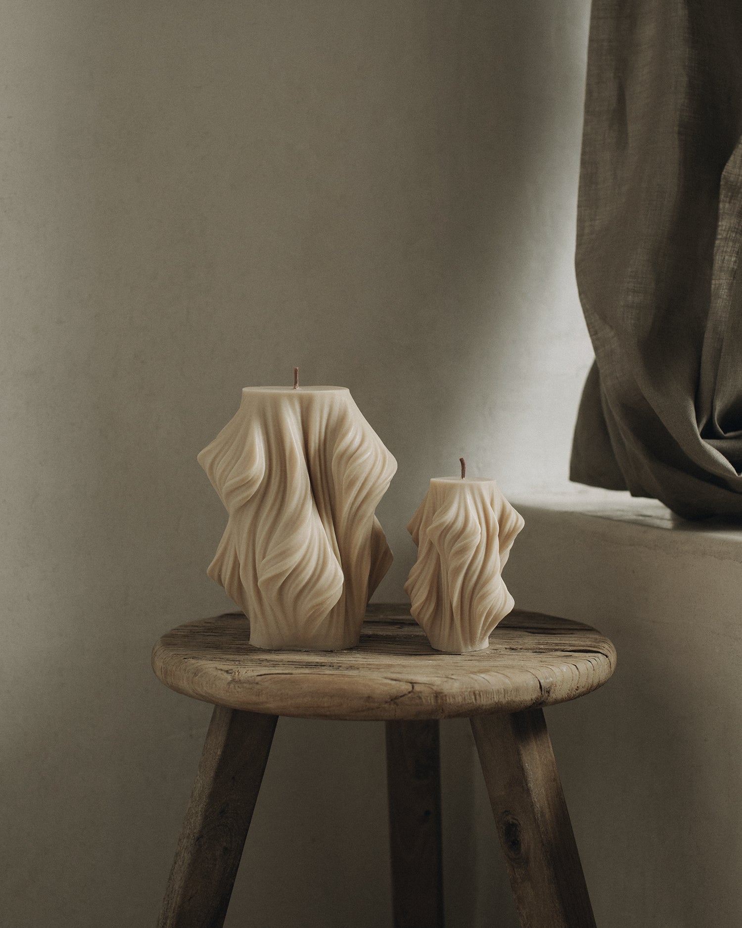 LAWA Candles Cascading Wave Candle, set of 2, in Sandstone soy wax styled in a home decor setting