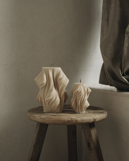 LAWA Candles Cascading Wave Candle, set of 2, in Sandstone soy wax styled in a home decor setting
