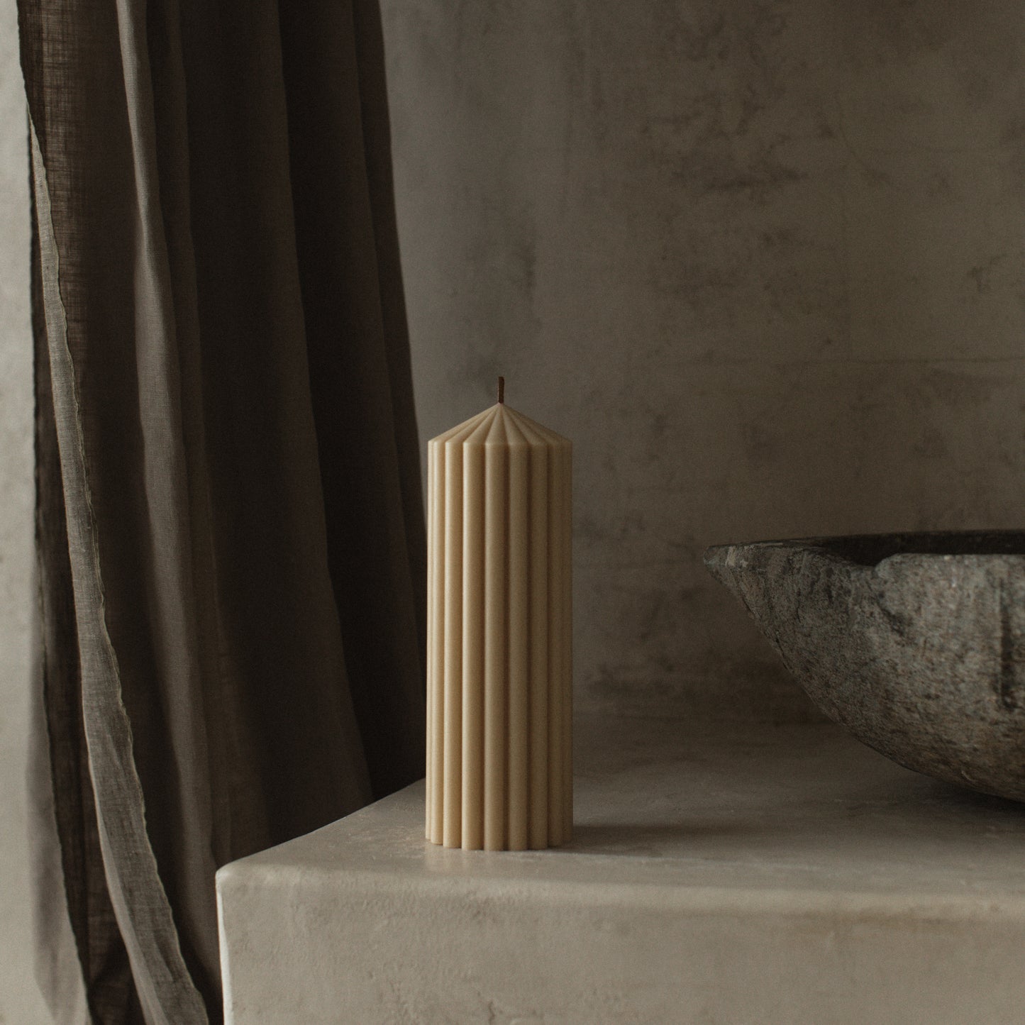 Close-up detail of handmade Peak sculptural candle showing premium soy wax texture and cotton wick in Los Angeles studio
