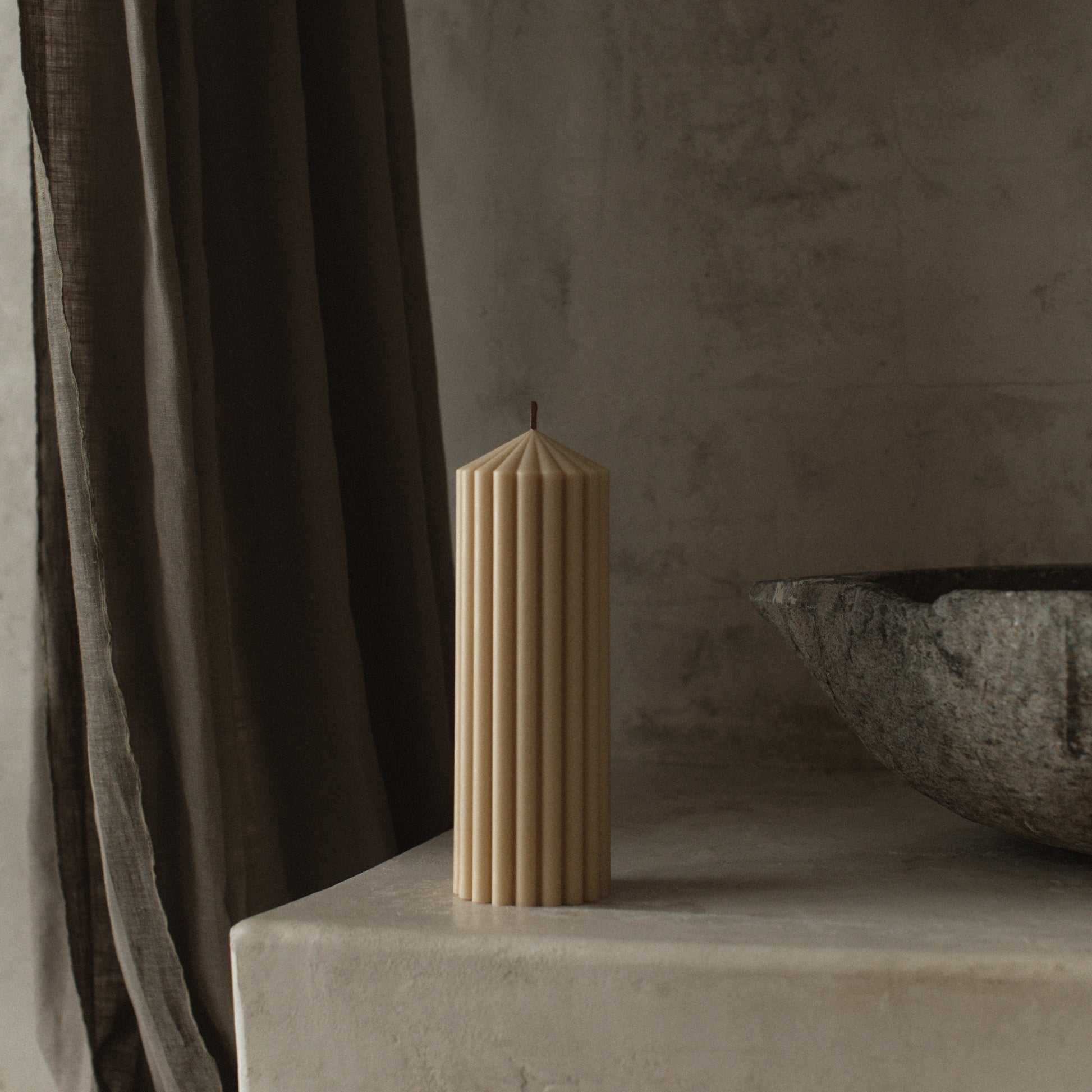 Close-up detail of handmade Peak sculptural candle showing premium soy wax texture and cotton wick in Los Angeles studio
