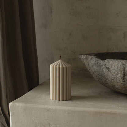 Close-up detail of handmade Peak sculptural candle showing premium soy wax texture and natural cotton wick