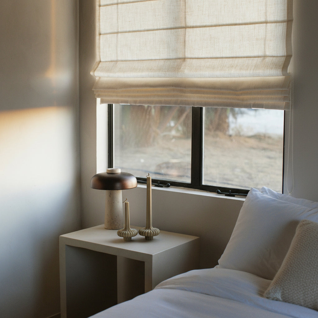 LAWA olive beige pumpkin base soy candle with rounded decorative form on a nightstand in bedroom.