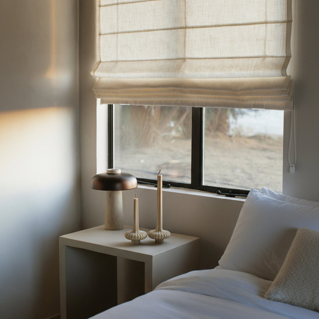 Sandstone pumpkin-shaped candle base by LAWA in soy wax on a nightstand next to a bed with pillows, under a window with a curtain.