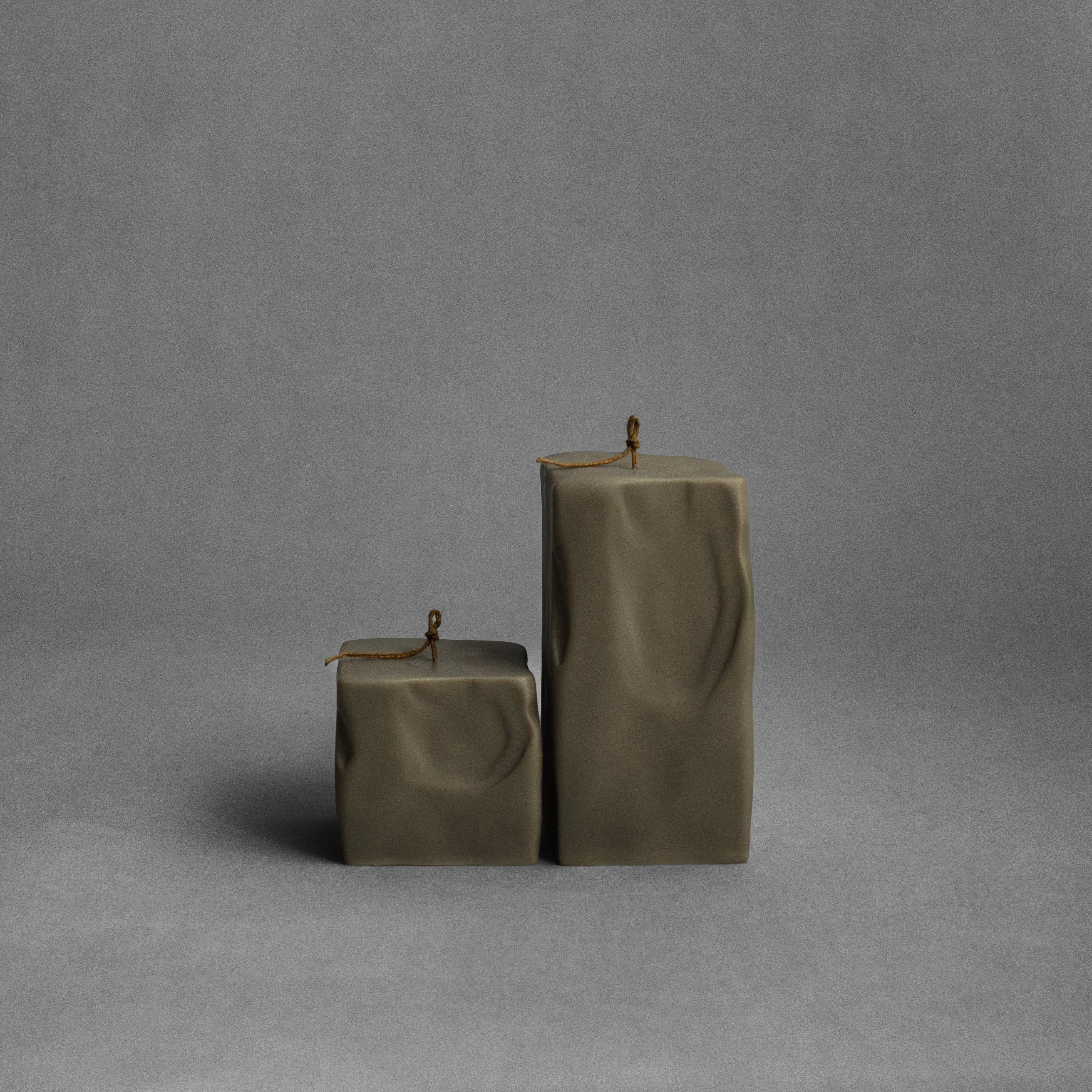 Earthy green raw block candle pillar set by LAWA, sculptural geometric soy wax candles for minimal home decor