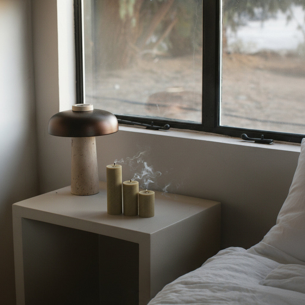 Set of three ribbed pillar candles on a night stand in the bedroom